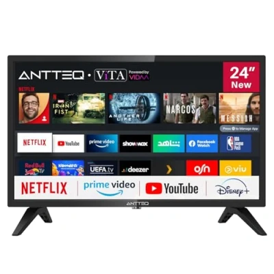 Image de Antteq AV24H3 Smart TV 24 Pouces (60 cm) Téléviseur avec Netflix, Prime Video, Rakuten TV, Disney+, Youtube, UVM, WiFi, Triple Tuner DVB T2 / S2 C