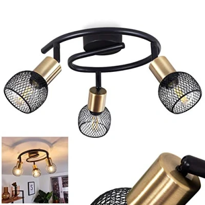 Image de HOFSTEIN Plafonnier Cairns en métal noir et doré, 3 spots vintages orientables à abat jour grillagé créant un effet lumineux au plafond, pour ampoules E14, ampoule(s) non incluse(s)