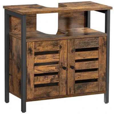 Image de VASAGLE Meuble sous lavabo, Armoire Salle de Bain, Placard Rangement, 60 x 30 cm, avec Cadre Acier, Portes persiennes, Planche réglable, Style Industriel, Marron Rustique et Noir BBC901B01