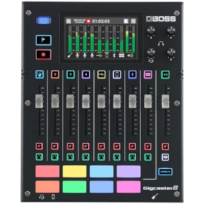 Image de Gigcaster 8 BOSS Table de mixage pistes pour streaming avec entrée directe guitare/basse 4 entrées combo XLR/jack Micro stéréo intégré pads SFX Interface audio USB 20x14