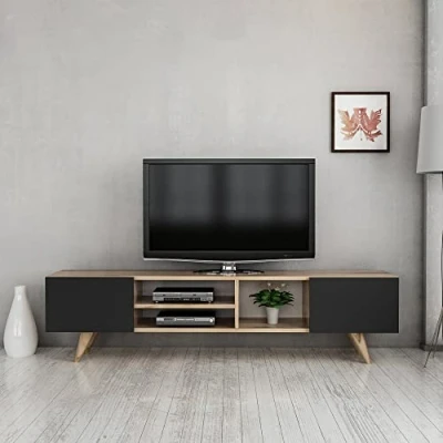 Image de [en.casa] Meuble TV de Salon à 2 Portes Support Banc Télé avec Espaces Rangement Panneau Particules Plastique 40 x 160 31 cm Effet Chêne Noir