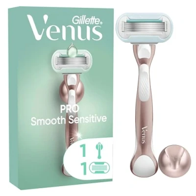Image de Gillette Venus Rasoir Pour Femmes Pro Smooth Sensitive Peaux Sensibles, Manche Réutilisable Et Cartouche De Recharge A 5 Lames, Bande Lubrifiante Avec Une Touche D’Aloe Vera, Rasage Doux