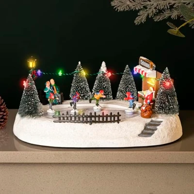 Image de Scène de Noël traditionnelle Marco Paul Décoration lumineuse avec lumières LED multicolores Fonctionnement à piles Connexion USB Patinoire