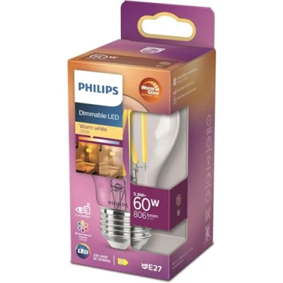 Image de Philips ampoule LED Standard E27 60W Blanc Chaud Claire Compatible Variateur, verre