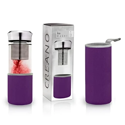 Image de Creano Théière Teamaker Bouteille de Thé à Emporter en Verre avec Passoire Pour le Vrac, y Compris Sachet Néoprène 400ml (Lilas)
