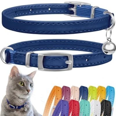 Image de CollarDirect Collier pour Chat en Cuir, de Sécurité avec Sangle Elastique, Chaton Cloche Noir Bleu Rouge Orange Vert Lime (Bleu Marine, 20 28 cm)