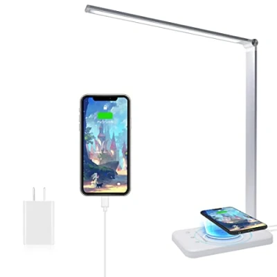 Image de Lampe de Bureau LED Avec Chargeur sans Fil, Lampes Dimmable 10 Niveaux Luminosité 5 Modes Couleur, chevet Port USB et Fonction Minuterie, Flexible Contrôle Tactile