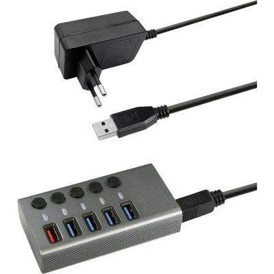 Image de Hub USB 3.0 Maxtrack CH10L 5 Ports commutable Individuellement Gris Argent