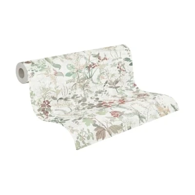 Image de A.S. Création Papier peint intissé Tapisserie florale au style campagnard en blanc, vert et rouge pour différentes pièces adhésif 10,05 m x 0,53