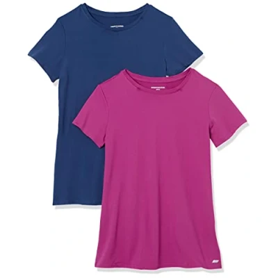 Image de Amazon Essentials T shirt à manches courtes et col rond Tech Stretch (disponible en Grande taille) Femme, Lot de 2, Bleu/Violet Orchidée, 6XL taille