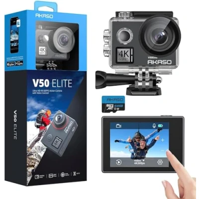 Image de AKASO V50 Elite Action Cam avec Carte Mémoire MicroSDXC 64 Go, Caméra Sport 4K 60fps 20MP WiFi Télécommande Commande Vocale Ecran Tactile EIS sous Marine Angle Vision Réglable 8X Zoom