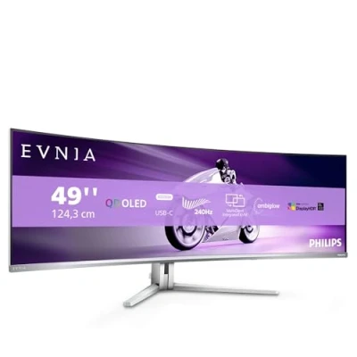 Image de Philips Evnia 49M2C8900AM Moniteur Gaming incurvé QD OLED 49 Pouces, 240 Hertz, 0,03 ms GtG, HDR400, Ambiglow (5120x1440, HDMI 2.1, DisplayPort 1.4, USB C, Hub USB) Blanc
