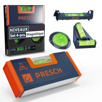 Image de Presch Ensemble Niveaux Mini 4 pcs. niveau, niveau en T, circulaire et á corde polyvalent Aimant renforcé pour une adhérence maximale Verre acrylique incassable.