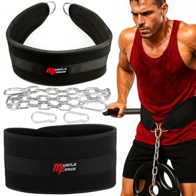Image de MuscleForge® Ceinture Lestée Musculation Homme avec Chaine, Dip belt durable jusqu&#039;à 240 kg une chaîne et un mousquetons, de leste pour Dips Tractions