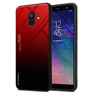 Image de cadorabo Housse Compatible avec Samsung Galaxy A6 2018 en Rouge Noir Coque de Protection Bicolore Silicone TPU et Dos Verre trempé