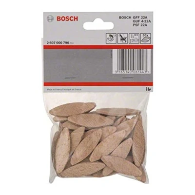 Image de Bosch Accessories Chevilles plates taille 0 (50 pièces, système d&#039;assemblage pour plaques de bois, 45 x 15 4 mm, accessoires fraiseuse à lamelles)