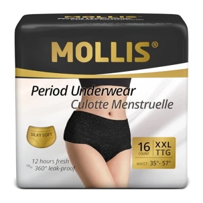 Image de MOLLIS Culottes Menstruelles Jetables Post partum pour Femmes, Noir, Absorption Maximale, Contrôle d&#039;Odeur, Ultra rapide Absorption, Doux et Respirant, Taille XXL, 16 Unités
