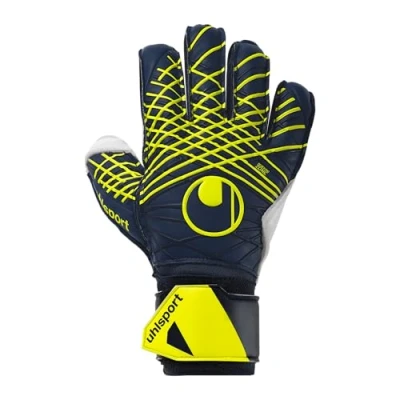 Image de uhlsport Football Gants de Gardien But Prediction Soft Flex Frame pour Enfants et Adultes avec Protection des Doigts, 4, Marine/Blanc/Jaune Fluo