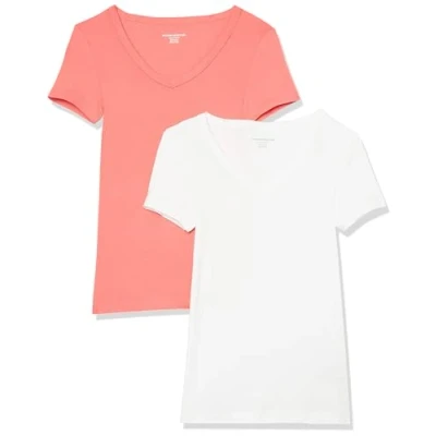 Image de Amazon Essentials T Shirt Col en v à Manches Courtes Coupe Ajustée Femme, Lot de 2, Blanc/Rose Incandescent, XL