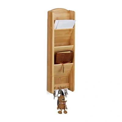 Image de Relaxdays 10020249 Etagère à clés bambou porte clefs mural avec 3 compartiments rangement mémo bloc notes HxlxP: 7,5 x 15 49,5 cm, nature