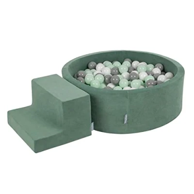 Image de KiddyMoon Velvet Aire De Jeux en Mousse avec Rond Piscine À Balles pour Enfants (200 Balles), Vert Forêt: Blanc/Gris/Menthe