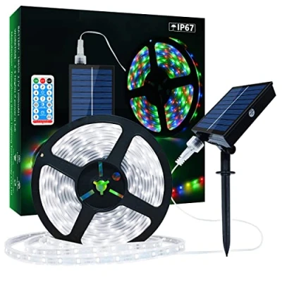 Image de Ruban LED Solaire Extérieur, 5m 280 LEDs Bande IP67 Étanche, Lumières Blanc Froid avec Télécommande, 8 Modes d&#039;Eclairage 2835 SMD Guirlande Lumineuse pour Arbres de Jardin Noël
