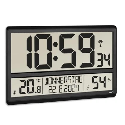 Image de TFA Dostmann XL horloge murale numérique, 60.4520.01, avec température et humidité, jour de la semaine également en français (8 langues), radiocommandée, bien lisible, grande, noire