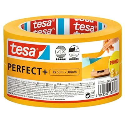 Image de Tesa Perfect+ Ruban de Masquage Pour Peintre en Papier Washi Fin un Précis pendant les Travaux Peinture Usage Intérieur 2x 50 m x 30 mm Jaune