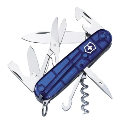 Image de Victorinox Climber Couteau de Poche Suisse, Léger, Multitool, 14 Fonctions, Tire Bouchon, Lame, Ouvre Boite, Bleu Transparent