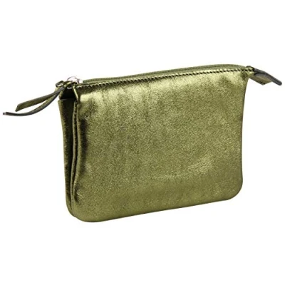 Image de Clairefontaine 400016C Porte Monnaie, Trousse 2 Compartiments 13x9cm en Véritable Cuir d&#039;Agneau, Cuirisé Vert