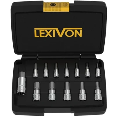 Image de LEXIVON Set de 13 douilles à 6 pans intérieurs SAE Impériales taille 5/64’’ 9/16’’ Jeu hex embouts, entraînement 1/4&quot; 3/8&quot; 1/2&quot; pour clés dynamométriques et perceuses (LX 142)