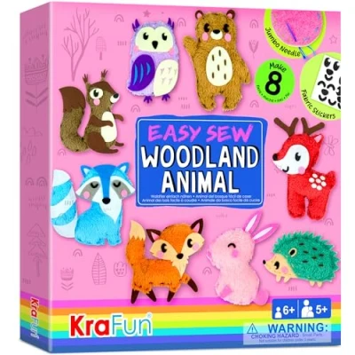 Image de KRAFUN Kit de couture facile pour enfants débutants, 8 projets bricolage poupées en peluche d&#039;animaux la forêt, ours, lapin, renard, hibou, instructions et feutre, cadeau filles