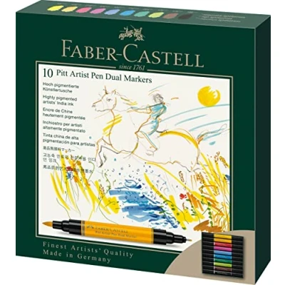 Image de FABER CASTELL 162010 Pitt Artist Pen Dual Marker Stylo à encre avec deux pointes, une pointe pinceau et en fibre métallique, étui carton multicolore