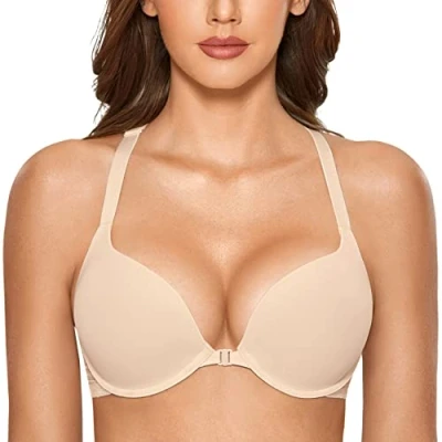Image de DOBREVA Femme Soutien Gorge Push Up Rembourré avec Armature Fermeture Devant Decollete Plongeant Dos Croisé Beige 85D