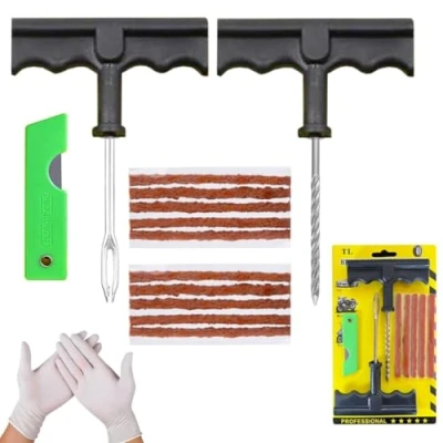 Image de NOOGUI Kit de réparation crevaison Voiture, Répare en 15 Min, Les crevaisons Moto, Composé 5 mèches, 1 Outil T spiralé, Insert d&#039;outil et Un Cutter