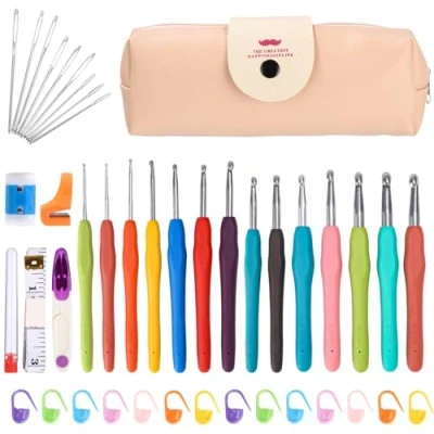 Image de Lot de 14 aiguilles à tricoter 2,0 10,0 mm Kit crochet pour débutant avec sac rangement rose Poignées ergonomiques en caoutchouc