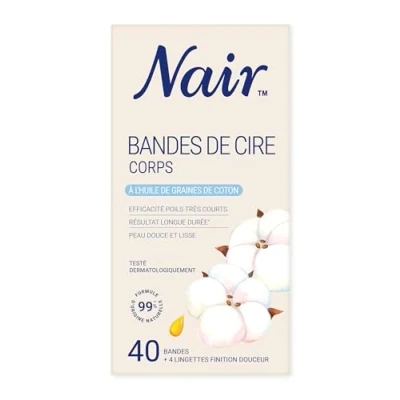 Image de NAIR Cire froide Corps A l’Huile de graines Coton Formule 99% origine naturelle Peau douce et lisse x 40 bandes
