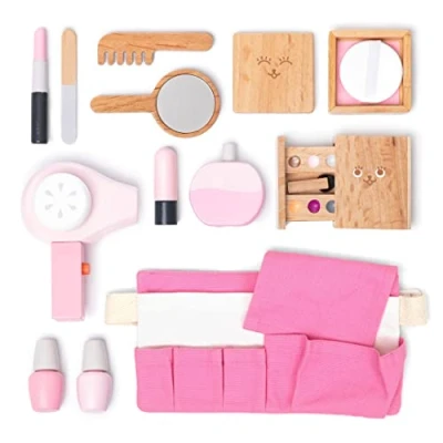 Image de UMU® Kit de Jeu Maquillage en Bois pour Enfants avec Sac Incluant Maquillage, Sèche Cheveux, Miroir etc., Mallette d&#039;Imitation, Set 12 pièces Filles 3, 4, 5 Ans