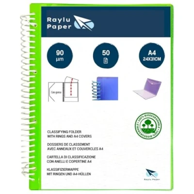 Image de Raylu Paper® Classeur à anneaux avec pochettes transparentes A4 90 microns et enveloppe fermeture velcro, couverture personnalisable, 100% biodégradable (50 Pochettes, Vert)