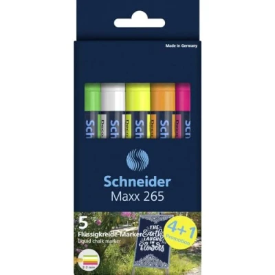 Image de Schneider Maxx 265 Lot de 5 crayons à craie (épaisseur trait 2 3 mm, effaçables sec, base d&#039;eau, inodore)