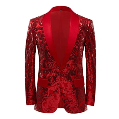 Image de PYJTRL Blazer élégant en Satin pour Homme Motif Floral (S, Rouge)
