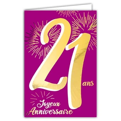 Image de Carte Anniversaire 21 ans en Or Doré Brillant Relief Texturé pour Homme Femme Texte Coloré Adapté à l’Âge l’Intérieur Enveloppe incluse Fabriquée France ColorAges Afie 69 2421