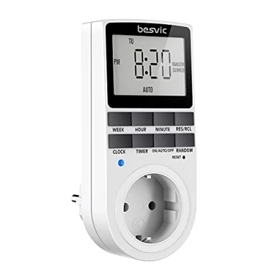 Image de Prise programmateur numérique Besvic 3680 W avec 10 programmes Quotidiens configurables Écran LCD et Mode Anti agrafage aléatoire pour l&#039;intérieur (1 Paquet).