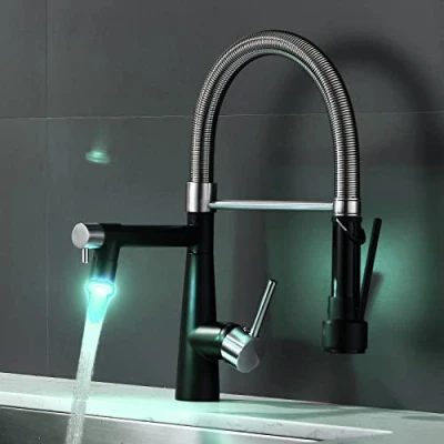 Image de TIMACO Robinet de cuisine à LED, nickel brossé et noir, douchette extensible avec blocage, pivotant 360, mitigeur jet rétractable, haute pression