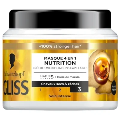 Image de Schwarzkopf GLISS Masque 4en1 Nutrition Huile de Marula Haptiq System Crée des Micro Liaisons Capillaires Cheveux Sec et Rêches Soin Intense Nourrit &amp; Repare 400ml