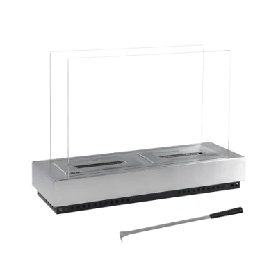 Image de KEKAI Santorini Cheminée au bioéthanol avec 2 brûleurs en Acier Inoxydable, Protection Verre trempé et Accessoire Coupe Flammes, 75 x 23 52 cm, argenté