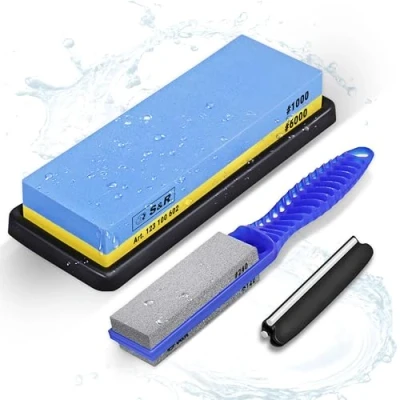 Image de S&amp;R Pierre à Aiguiser Couteaux 1000/6000 + Affuter Grain 120/240 Guide d&#039;angle. 100% Coridon. Pour Couteaux, Ciseaux, Burins, Sécateurs, Haches. Set Professionnel