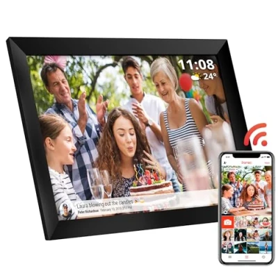 Image de cadre photo numérique Atlantis 10 pouces WiFi, écran tactile, partagez vos photos et vidéos via APP, rotation automatique,horloge météo, mémoire 1GB RAM + 16GB pour les