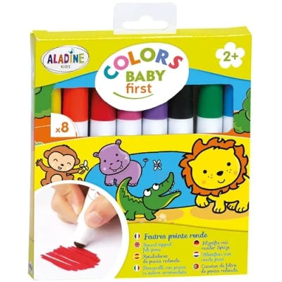 Image de Aladine 8 Feutres Coloriage Enfant Dès 2 Ans Lavables Gros Bébé 3 à Pointe Ronde Colors Baby First Crayons Jaune Orange Rouge Rose Violet Bleu Vert Noir 42016
