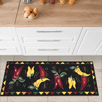 Image de Ottomanson Tapis de couloir collection Siesta Kitchen dos en caoutchouc motif piments 50 cm x 150 noir